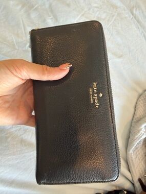kate spade Black Pebbled Leather Zip Wallet with Gold Logo